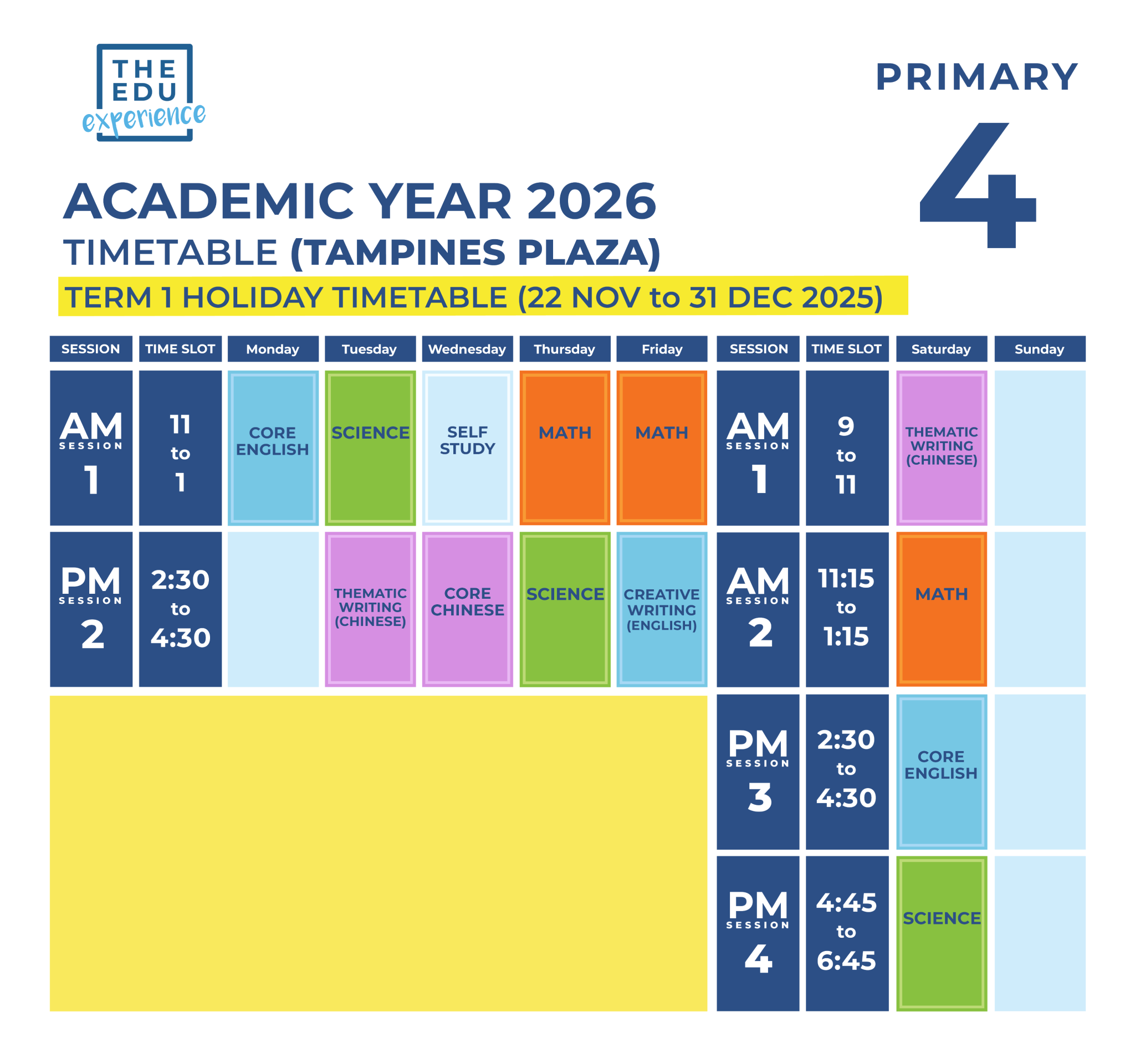 Holiday Timetable 2026 P4