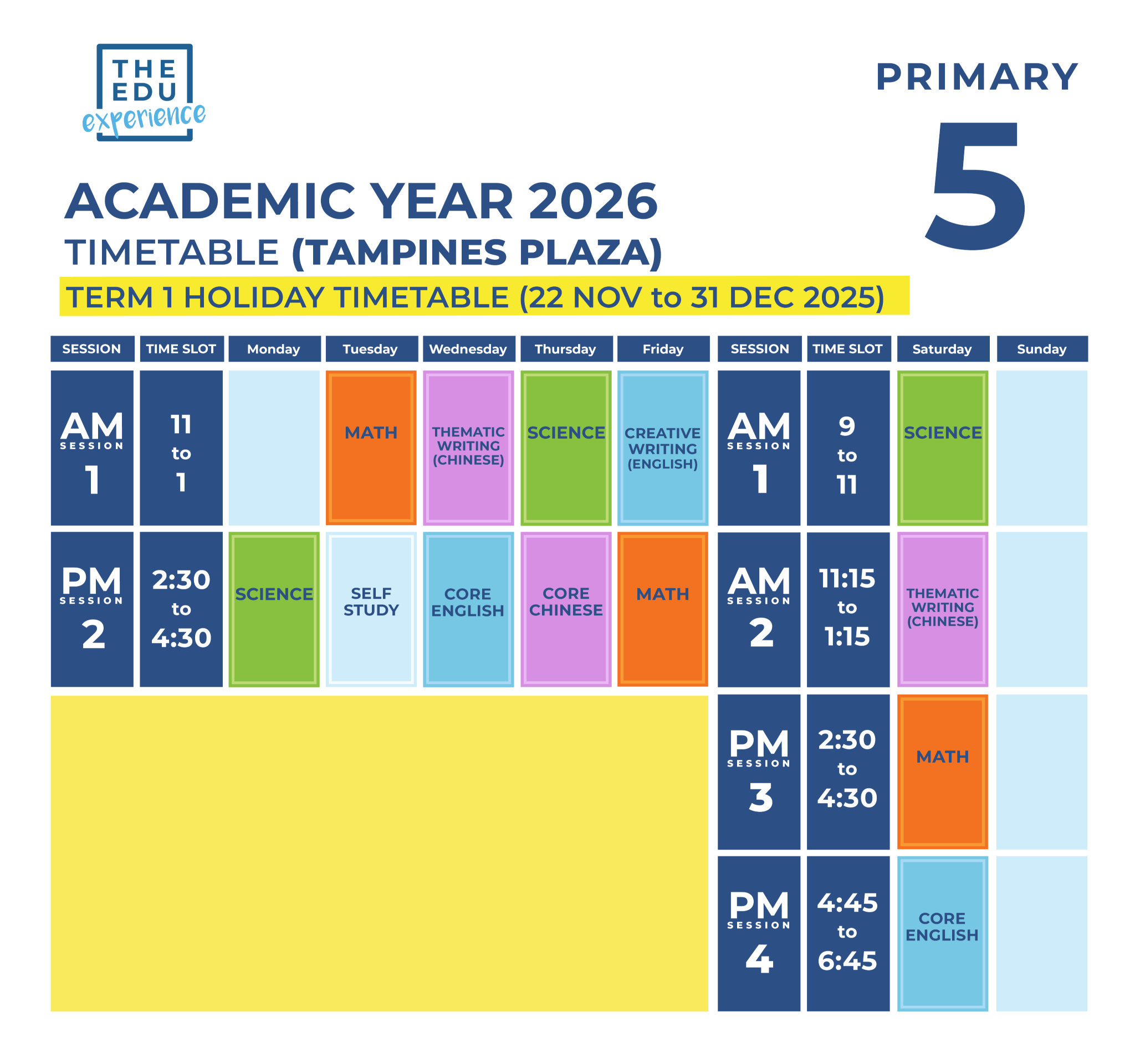 Holiday Timetable 2026 P5
