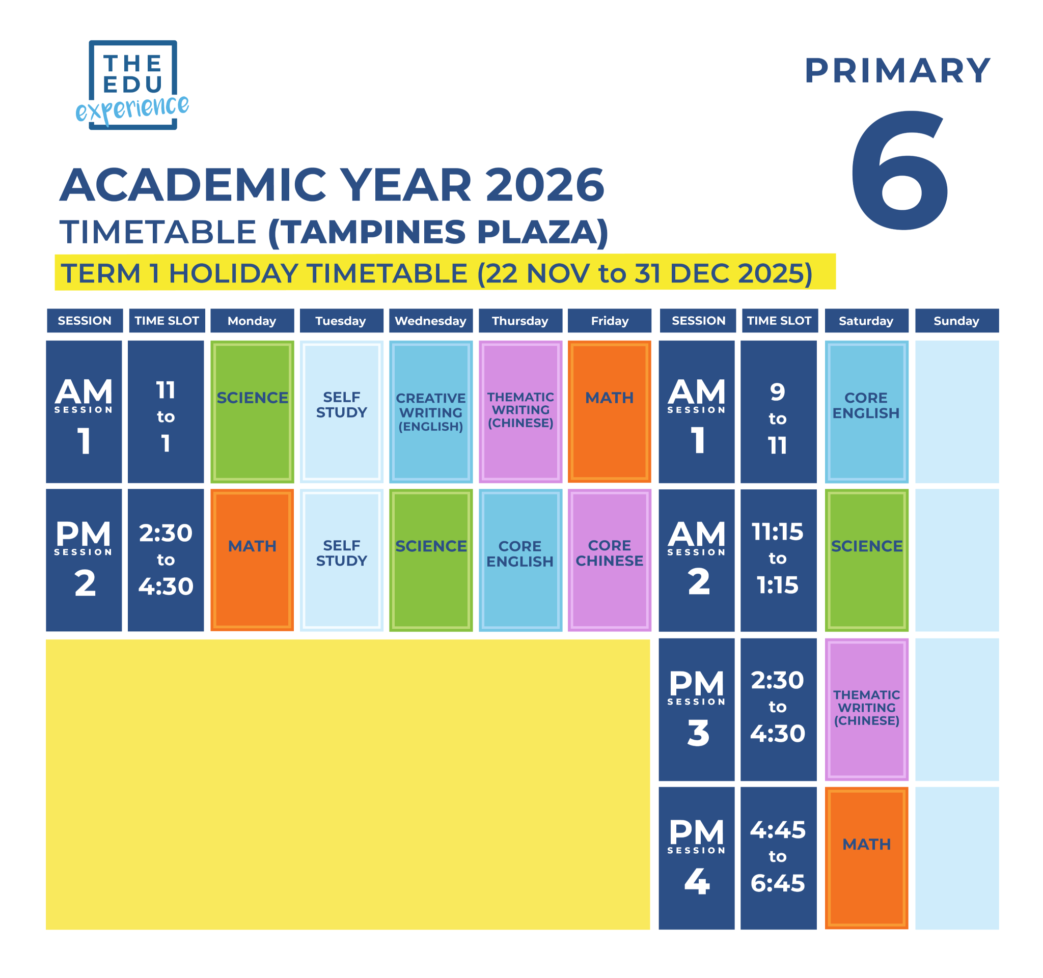 Holiday Timetable 2026 P6