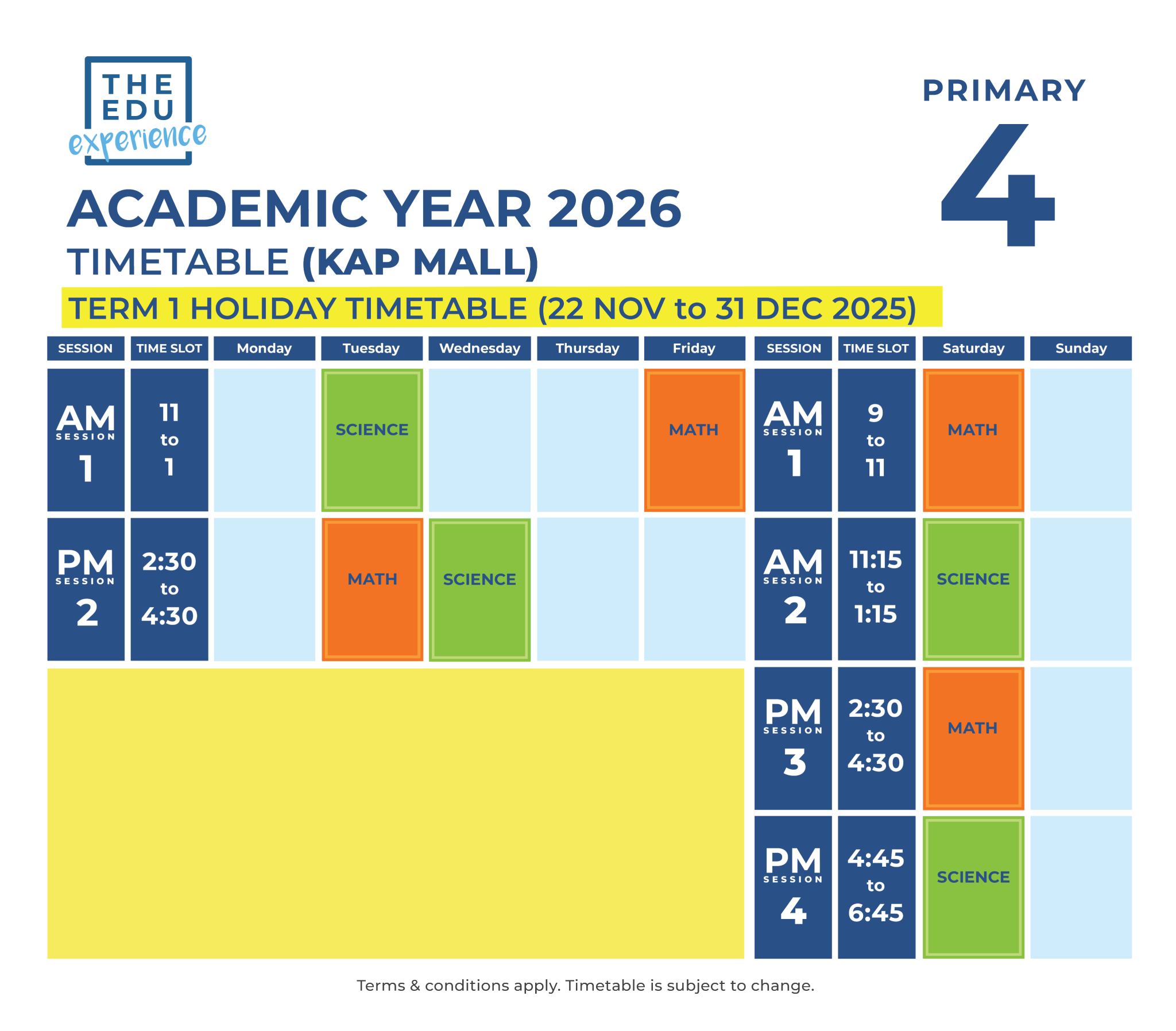 Holiday Timetable 2026