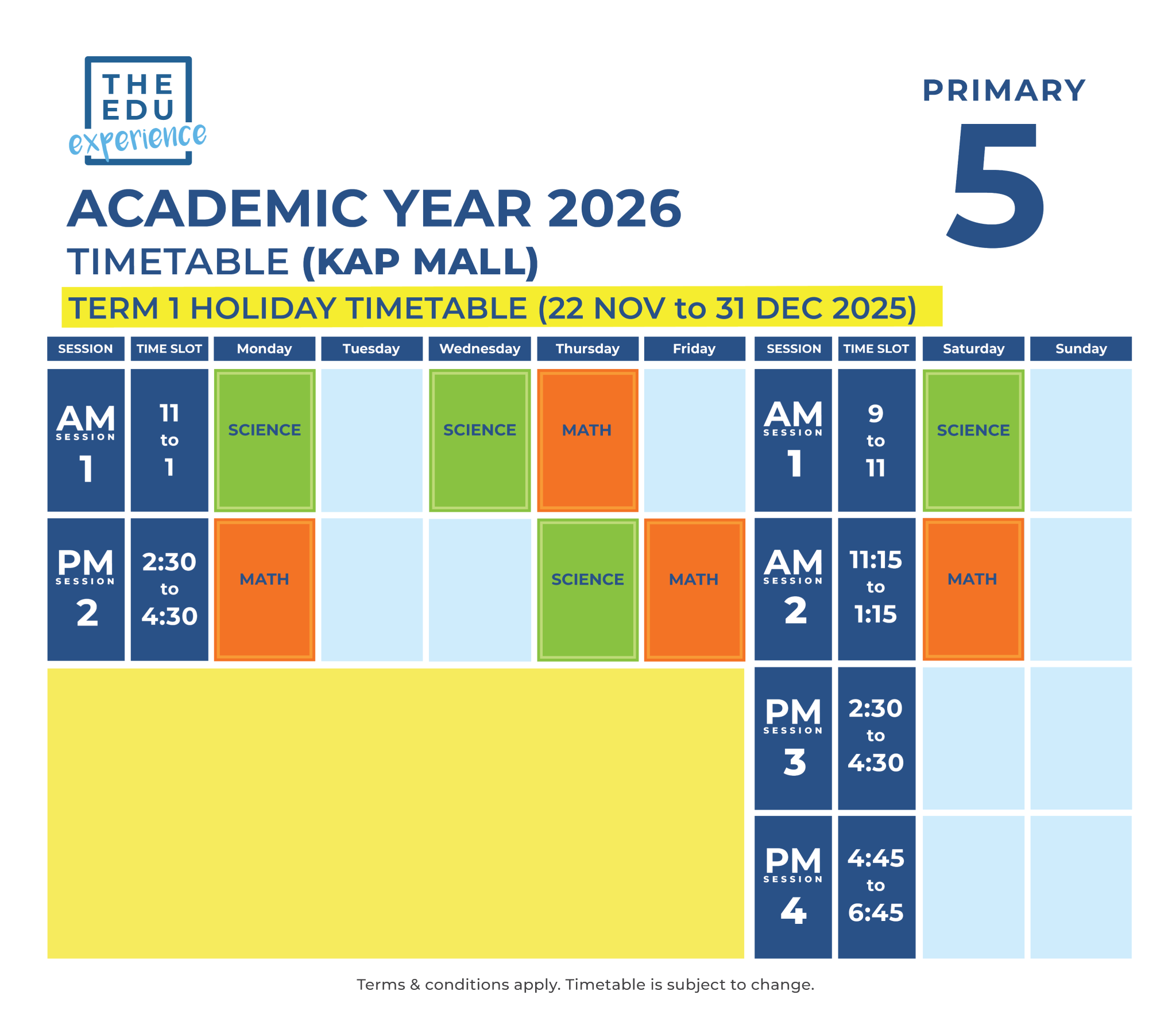 Holiday Timetable 2026