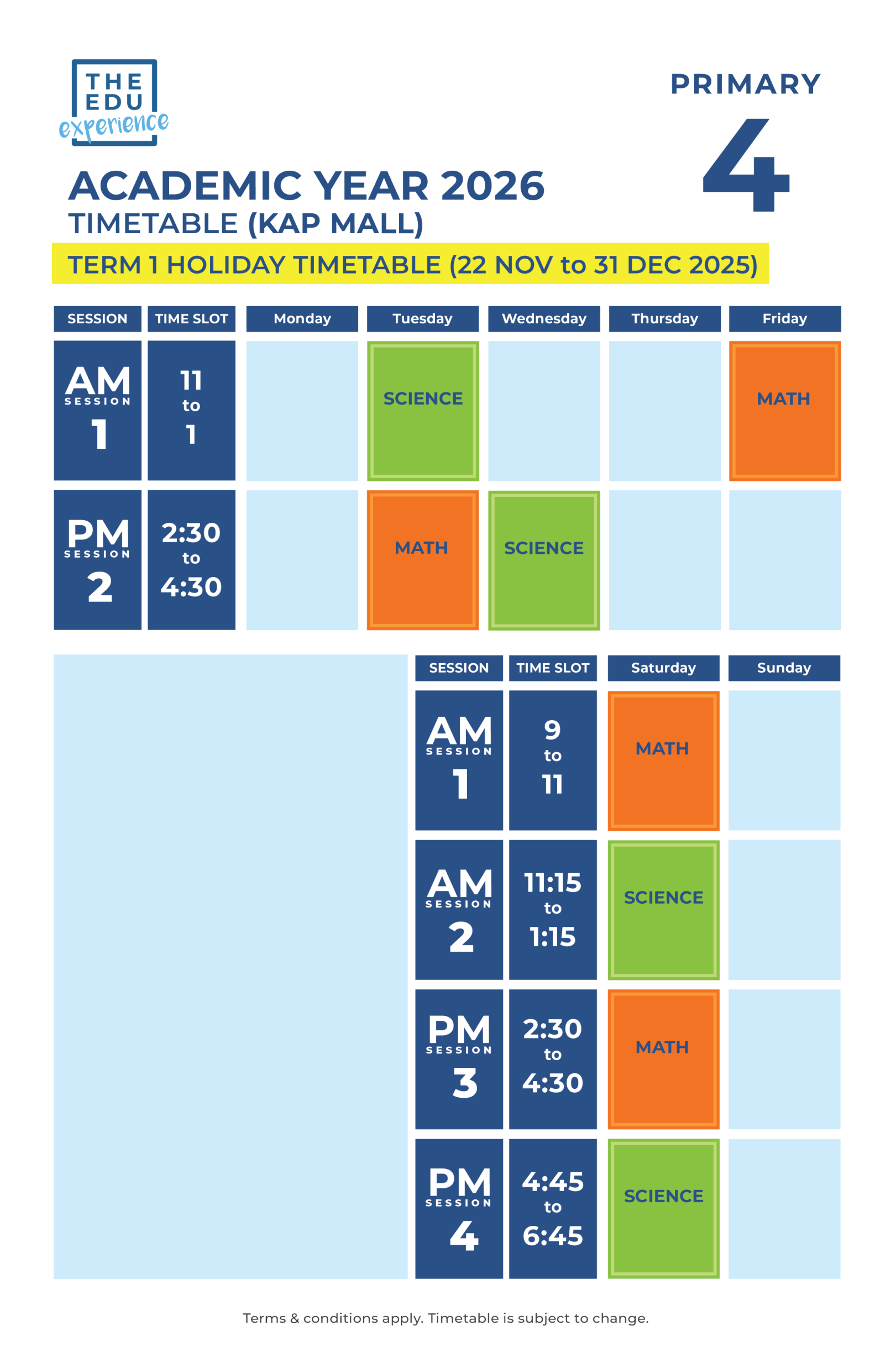 Holiday Timetable 2026