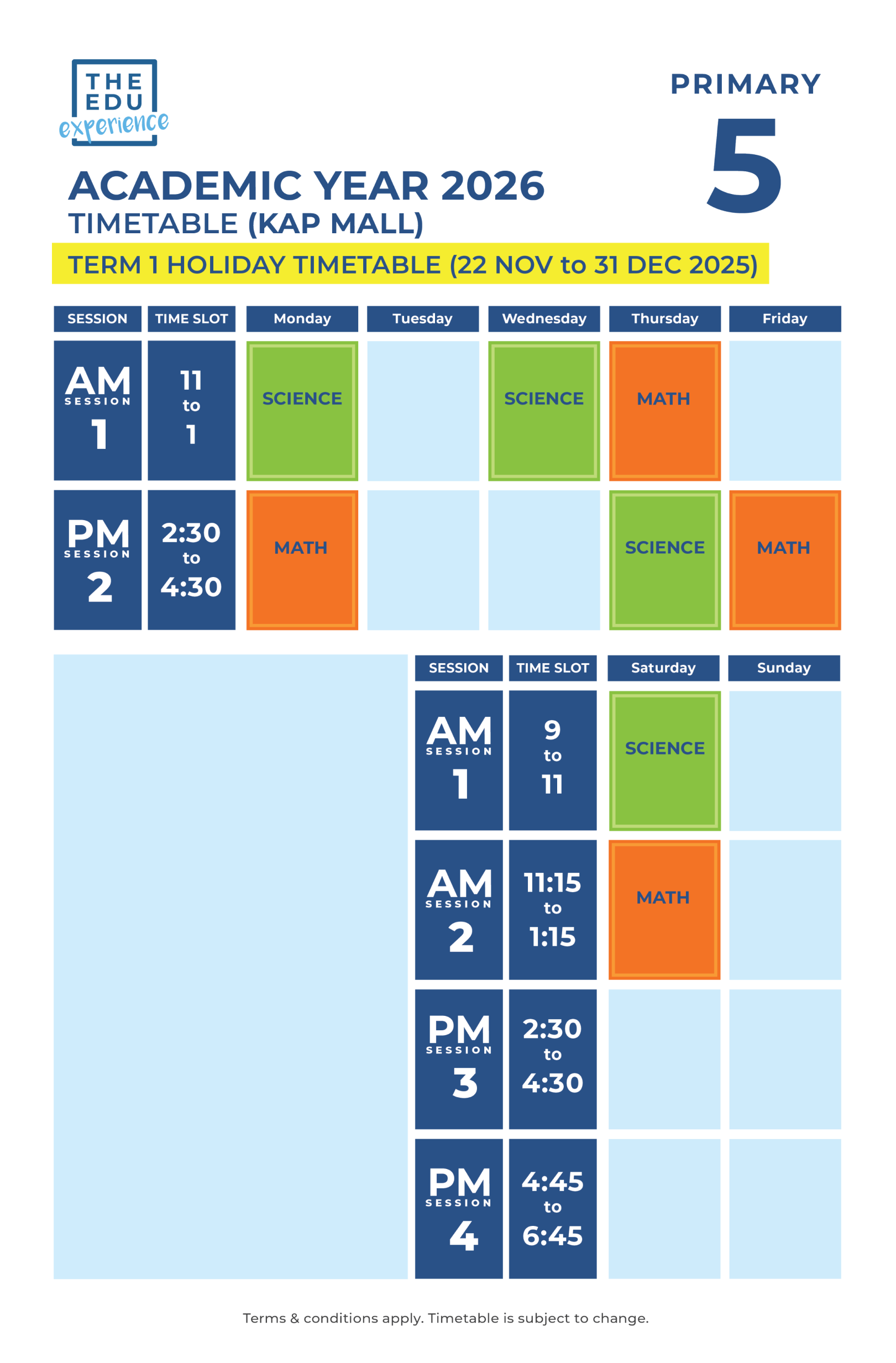 Holiday Timetable 2026