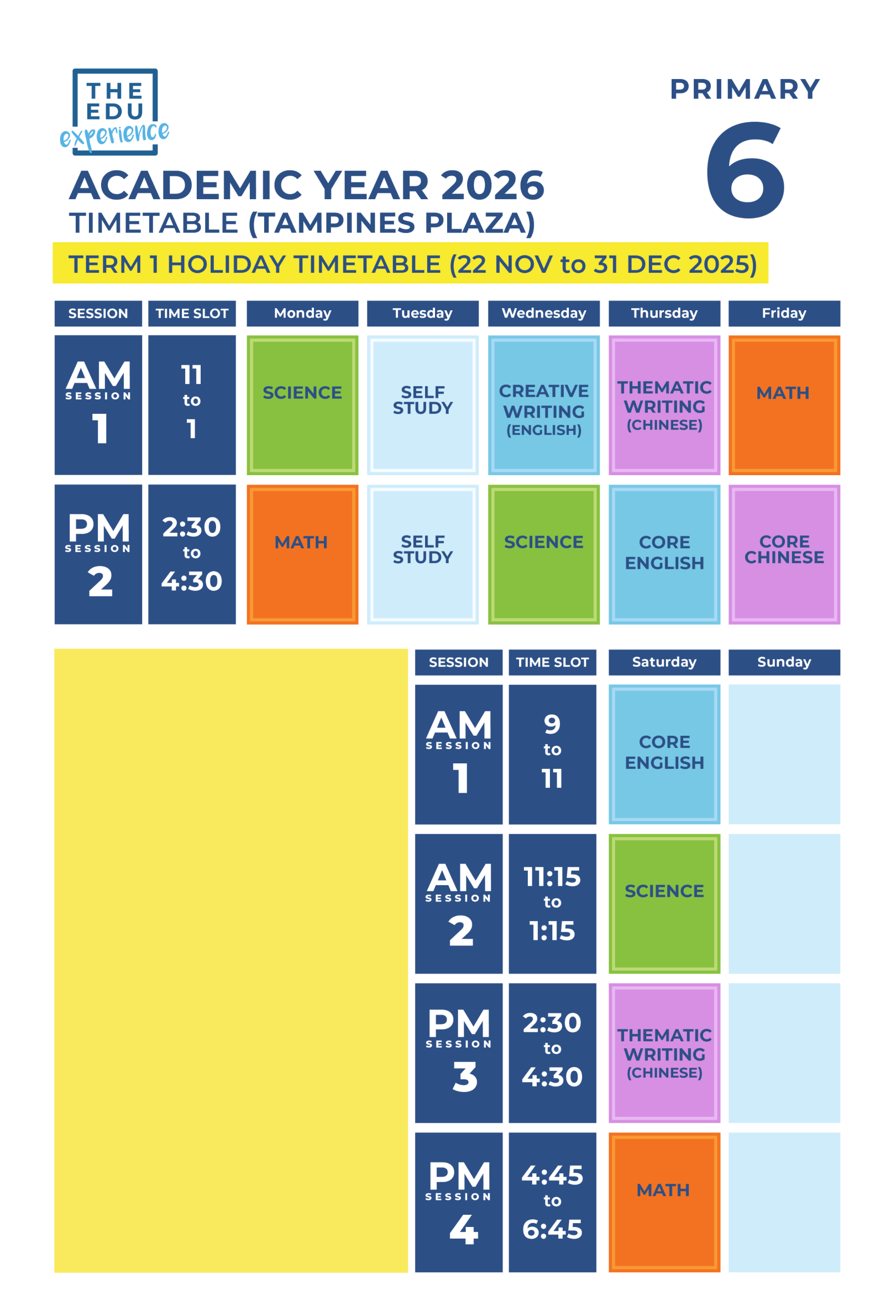 Holiday Timetable 2026 P6