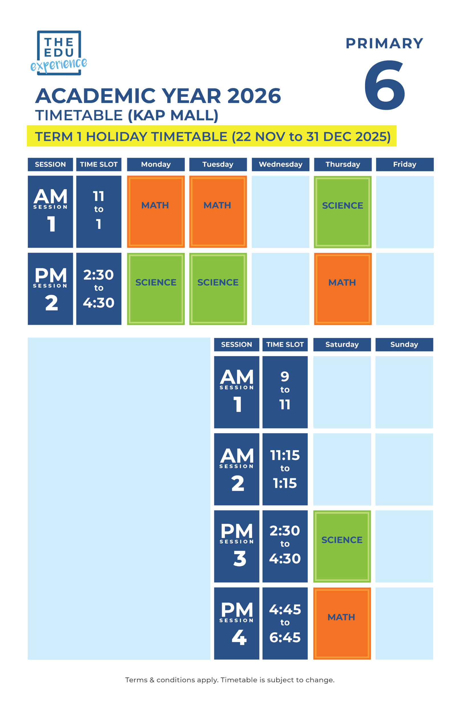 Holiday Timetable 2026